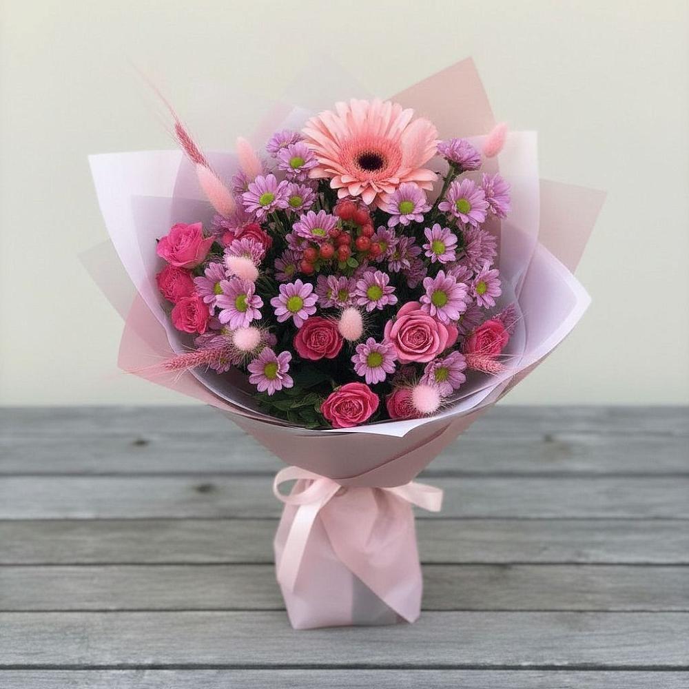Букет цветов из: Розы, Герберы и Хризантемы в Ленинске