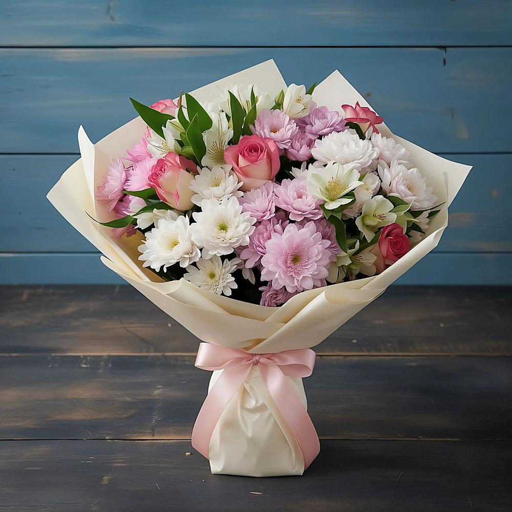 Букет цветов из: Хризантемы, Альстромерии и Розы в Ленинске